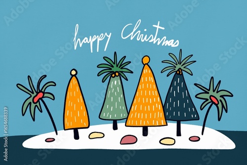 Festive trees and greetings on a winter landscape