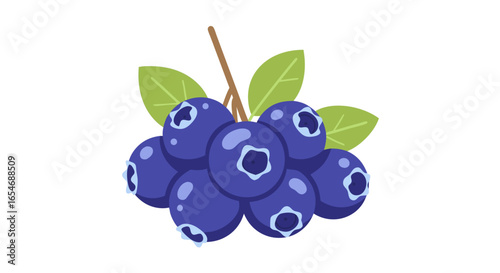 Vivid illustration of fresh blueberries clustered with detailed green leaves on a minimalistic white background emphasizing vibrant natural fruit