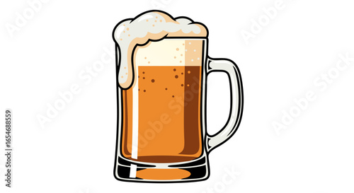 Cartoon Illustration of a Cold Frothy Beer Mug with Bubbles and Foam on a White Background