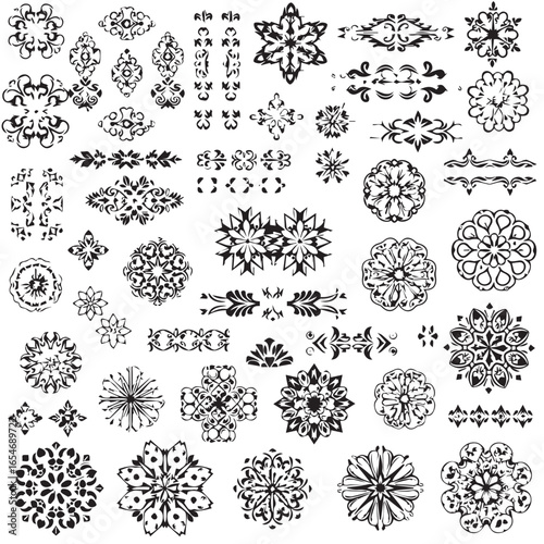 Black ornamental floral and geometric designs white