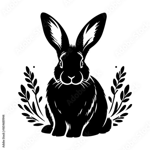 Black Silhouette of a Rabbit with Foliage.