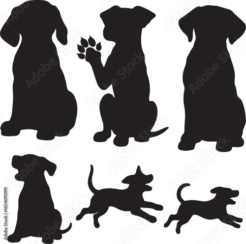 Dog silhouettes playful and sitting poses puppy black