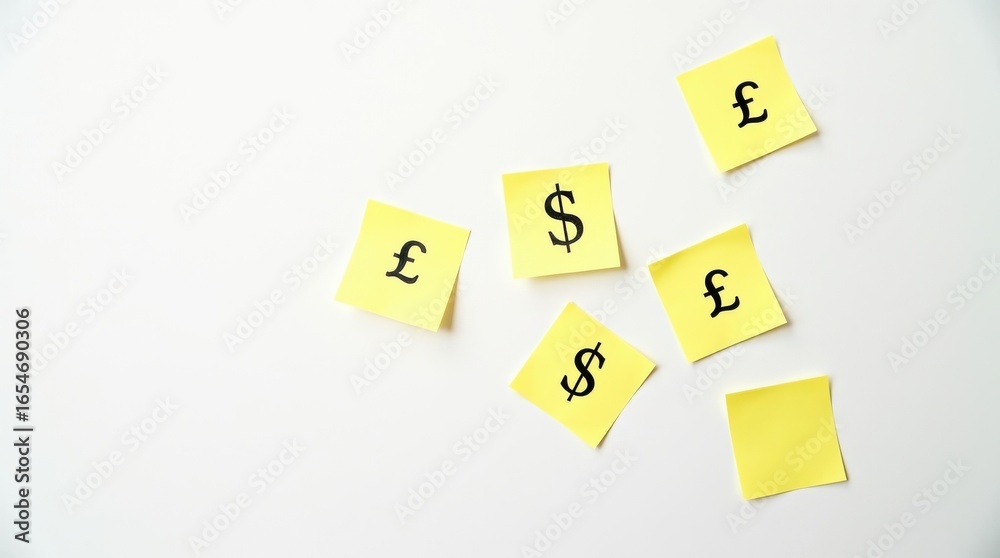 Currency symbols on sticky notes office setting creative concept minimalist environment top-down view Currency symbols on sticky notes office setting creative concept minimalist environment top-down view