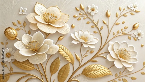 Beautiful floral relief with gold accents and white petals