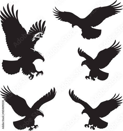 Five black eagle silhouettes in flight bird flying