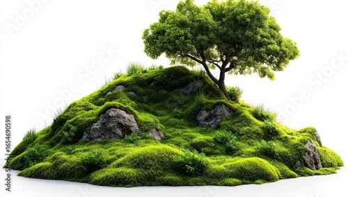 A small, lush green hill covered with moss and rocks, topped with a single leafy tree against a white background.