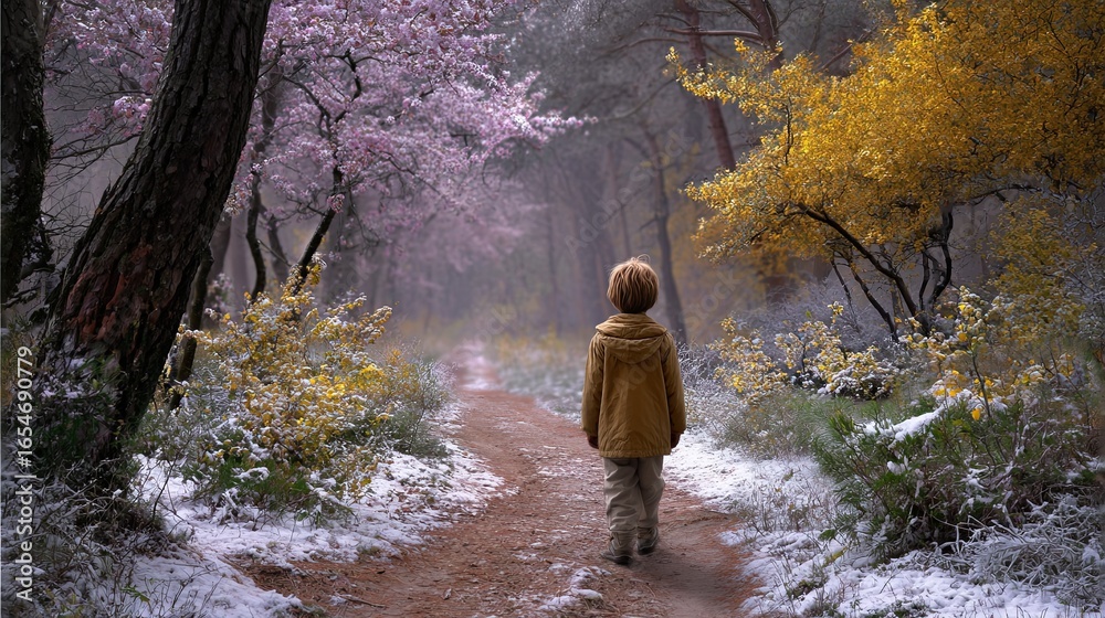 Fototapeta premium Child Walking Alone in a Serene Forest Path