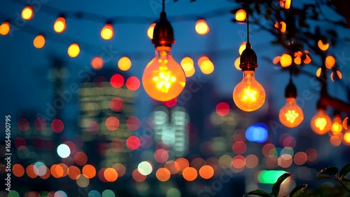 Warm glow of bulbs on cityscape night