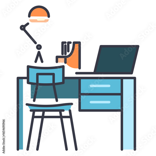 Home office workspace icon.  A flat, simple line icon depicting a home office or remote workspace