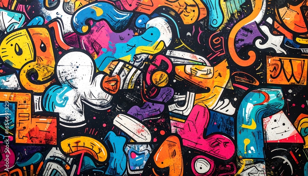 Obraz premium Vibrant Graffiti Art Mural Colorful abstract background with shapes and illustrations.