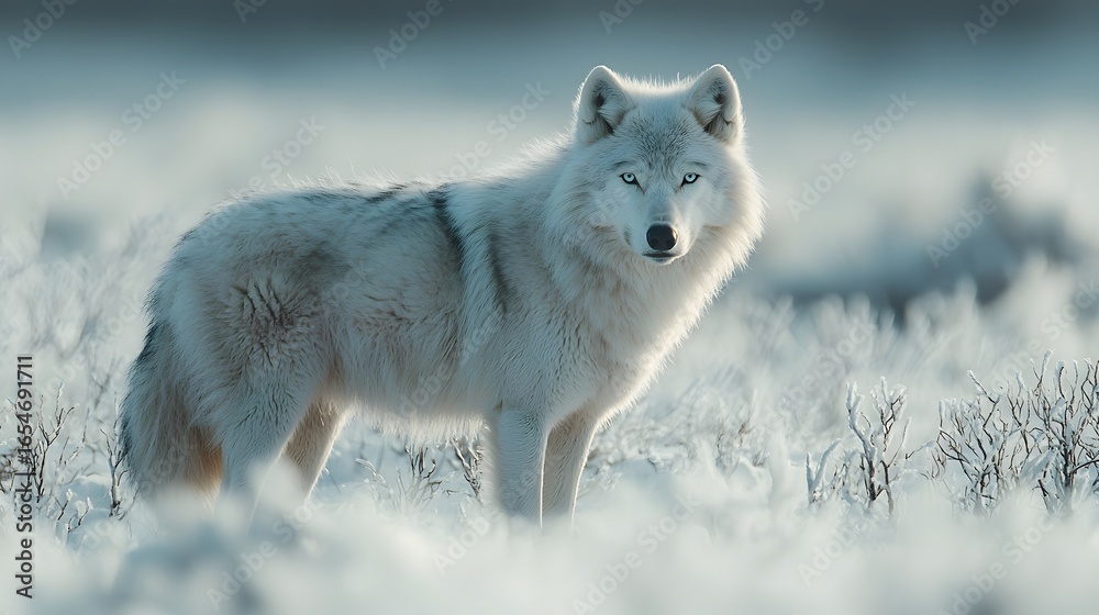 Obraz premium Majestic arctic wolf standing in a snowy serene landscape