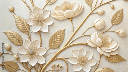 White and gold floral arrangement with embossed petals