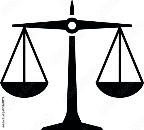 Vector art of black and white illustration of a justice scale, symbolizing law and fairness transparent background