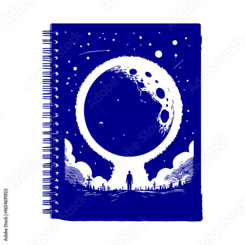 Lone Figure Gazes at Giant Moon in Starry Night Sky.
