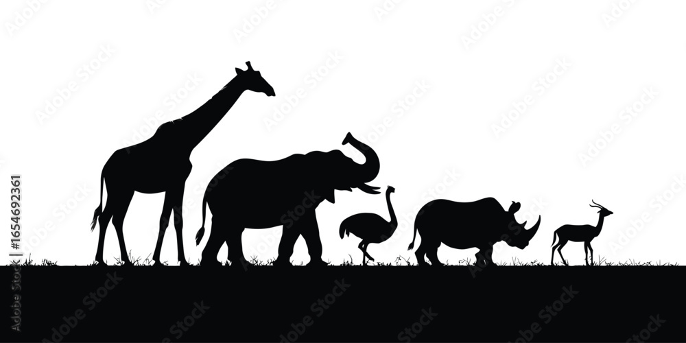 Fototapeta premium Silhouettes of giraffe, elephant, ostrich, rhinoceros, and antelope on grassland—showcasing African wildlife diversity and natural habitat