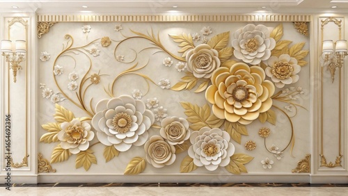 Luxurious wall mural with embossed gold and white flowers and leaves