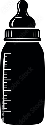 Vector art of black and white illustration of a baby bottle with measurement markings, symbolizing feeding transparent background