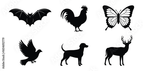 Silhouettes of bat, rooster, butterfly, dove, dog, and deer—showcasing diverse animal forms and postures for design and education