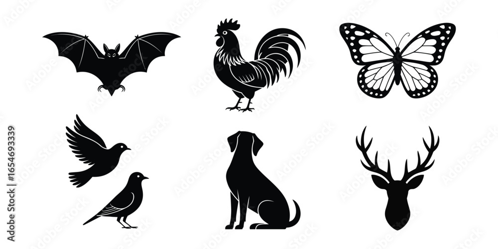 Fototapeta premium Silhouettes of bat, rooster, butterfly, birds, dog, and deer head—showcasing animal diversity and posture for design and educational use