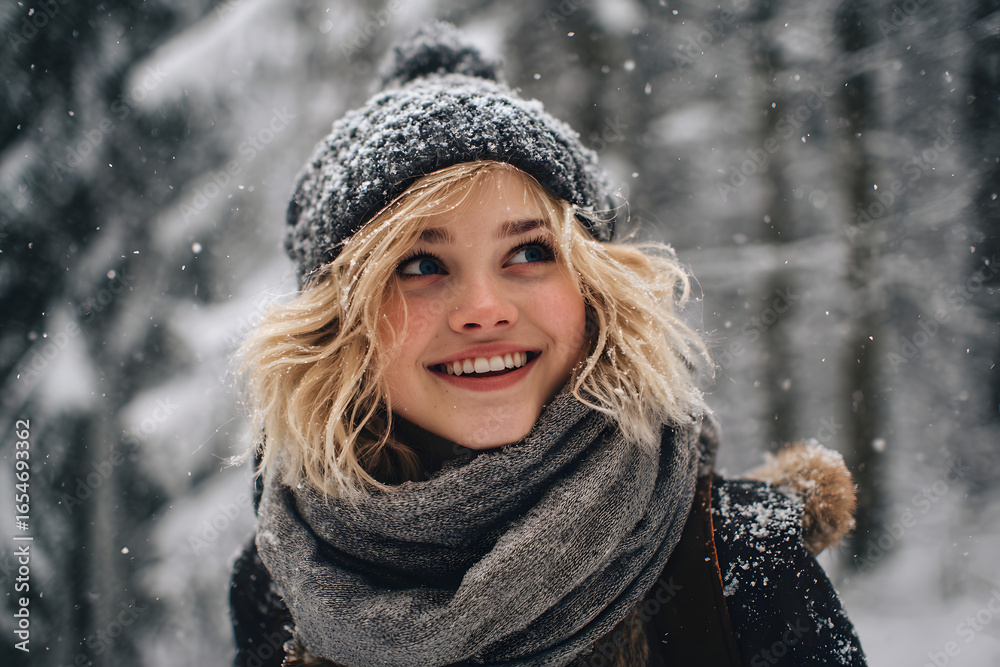 A young woman in a stylish hat enjoys the winter snow, her face adorned with a happy smile amidst the snowy forest. A young woman in a stylish hat enjoys the winter snow, her face adorned with a happy smile amidst the snowy forest.