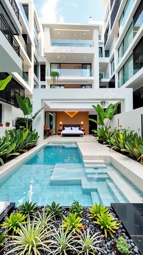 White exterior and interior design of a modern luxury villa with lush gardens and a bedroom, featuring a large pool in front of it. Vertical. 緑豊かな庭園とベッドルームを備えたモダンで豪華なヴィラの白い外観と内装デザイン。正面に大きなプールがあります。縦型