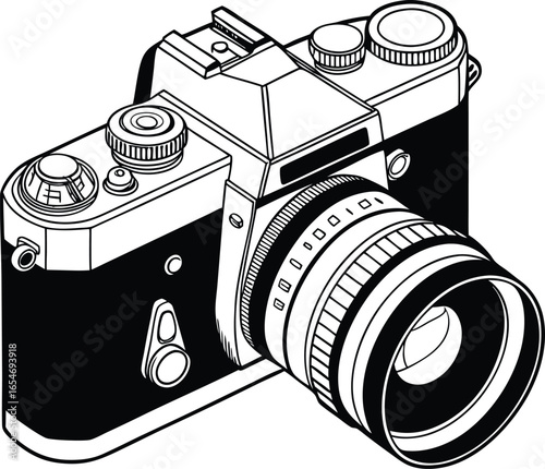 Classic camera with extended lens side angle silhouette design