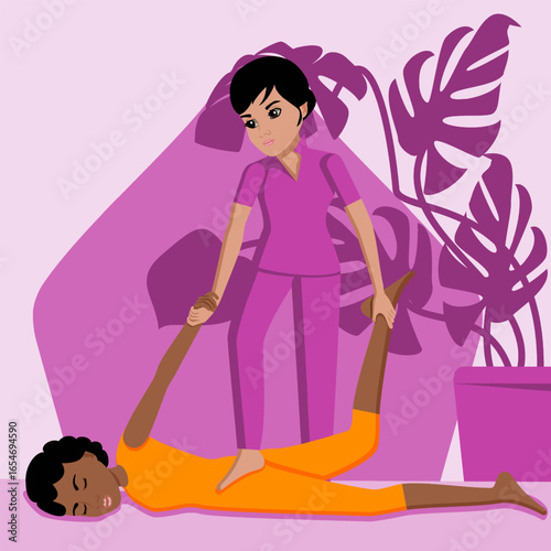 Shiatsu massage. Therapy and treatment by professional therapist in SPA. Isolated flat vector illustration. Indian and African ethnicity.