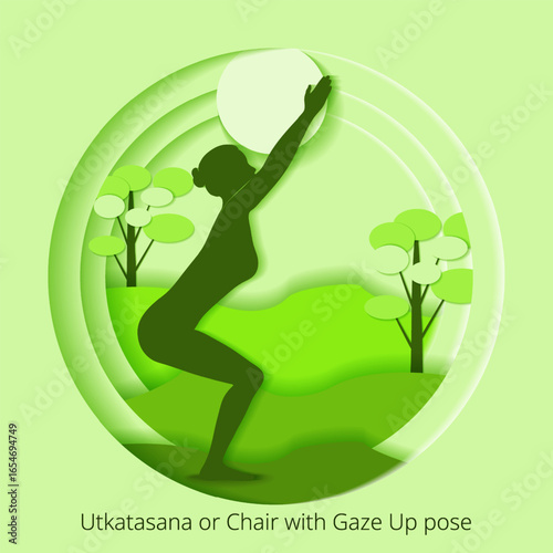Utkatasana yoga pose. Chair with Gaze Up yoga pose.  Paper cut design. Isolated vector illustration.