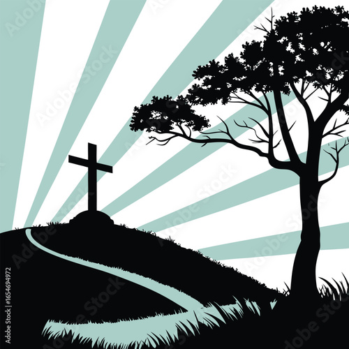Cross standing on a hill with radiant light rays behind silhouette