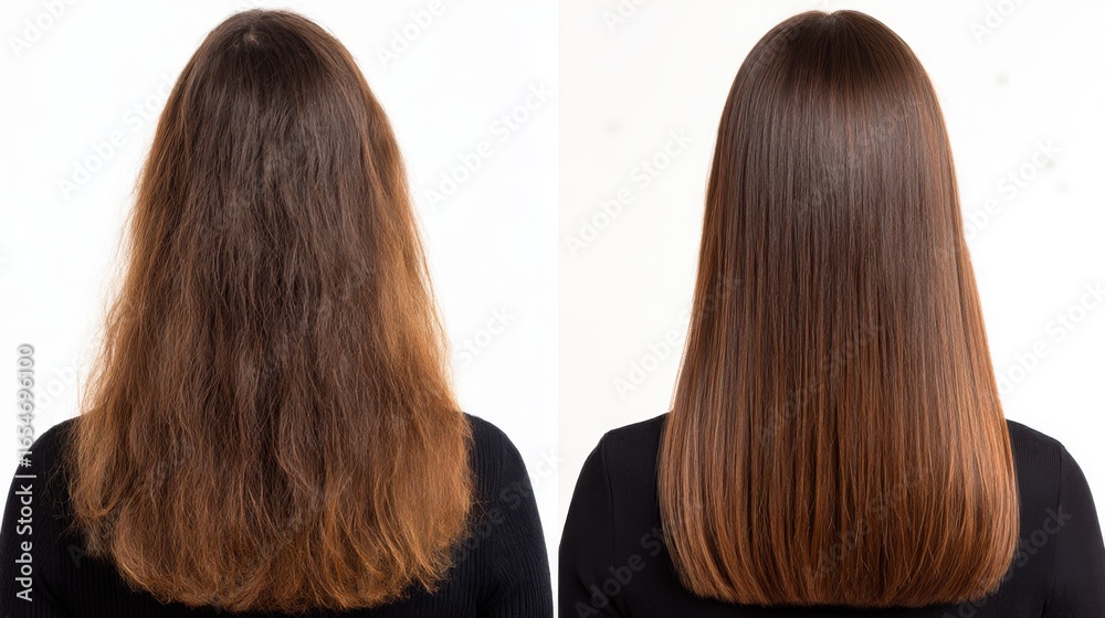 Fototapeta premium Transformation of curly hair to sleek straight style showcasing before and after results