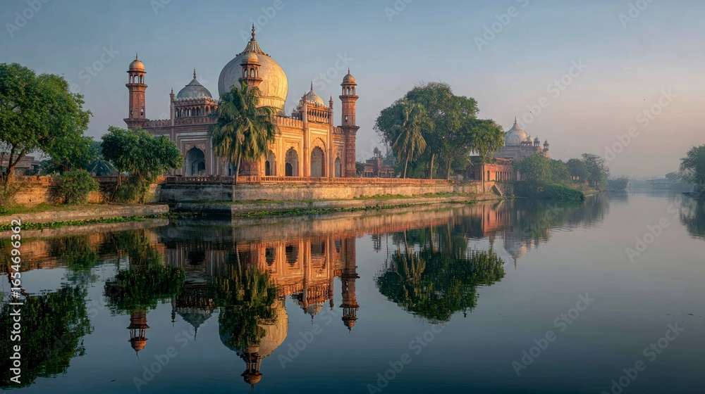 Obraz premium Historical building complex reflection sunrise