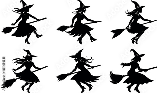 Silhouette Witches Flying on Brooms Halloween Vector Illustration Collection
