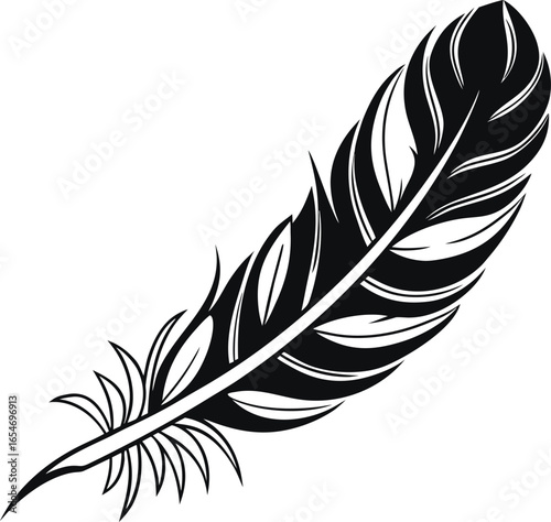 Elegant feather silhouette drifting diagonally with a subtle curved motion
