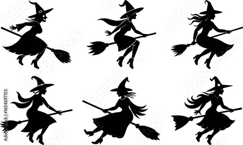Silhouette Collection of Witches Flying on Brooms for Halloween Celebration