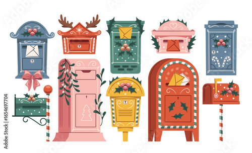 Christmas mailboxes decorated with traditional ornaments to delivery greeting card, wish list