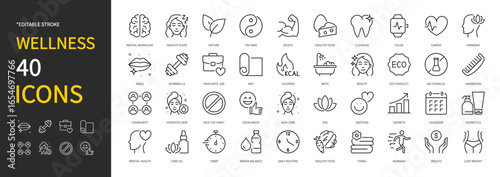 Wellness icon set. Health, healthy lifestyle, harmony, yin yang, good mood, healthy food, pulse, sport, fitness, mental health, water balance, community, etc. Vector illustration. Editable stroke.