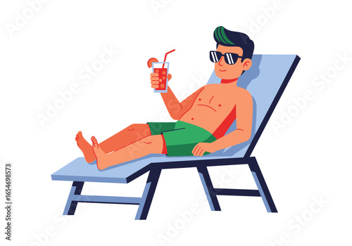 Relaxed Man in Sunglasses Enjoying a Drink on a Lounger