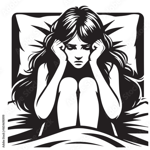 Sad Woman Awake in Bed Silhouette – Vector Illustration

Young Female Insomnia – Black and White Silhouette Set

Sleepless Night Concept – Woman in Bed Vector Silhouette