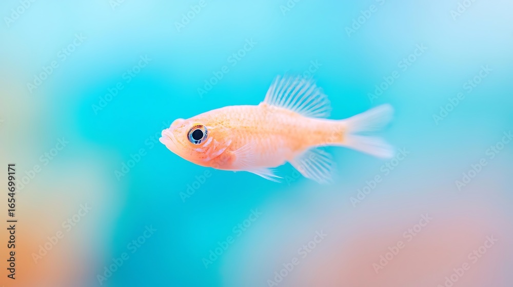 Fototapeta premium A small orange fish swims in a bright blue aquarium