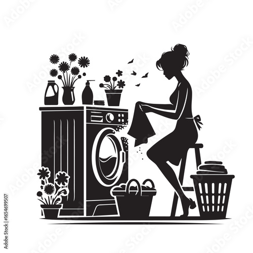 Woman Doing Laundry Silhouette – Vector Illustration

Female Washing Clothes at Home – Black and White Silhouette

Housework Concept – Woman Laundry Vector Silhouette Set