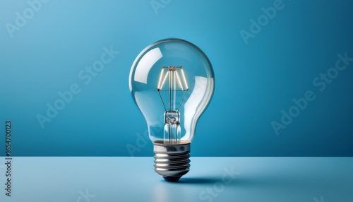 A clear light bulb stands upright on a blue surface, showcasing its filament and glass structure.