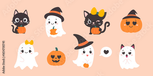 Adorable Halloween Illustration with Playful Ghosts, Smiling Pumpkins, and Black Cats on Light Background for Festive Seasonal Designs