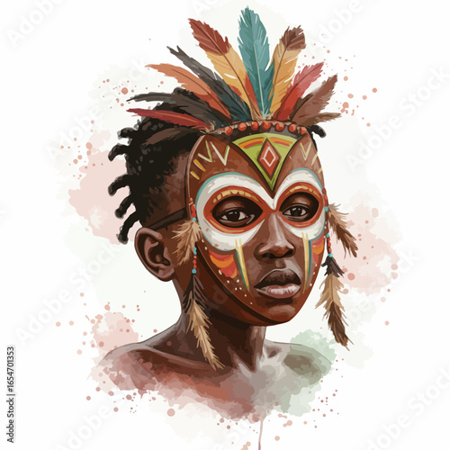Isolated. Young black boy wearing colorful tribal mask with feathers  