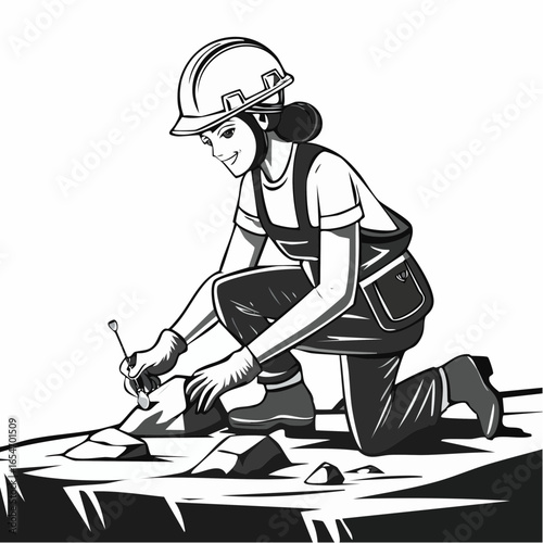 Laborer Wearing Hard Hat Working on Rock Surface in Industrial Construction Site Vector Illustration