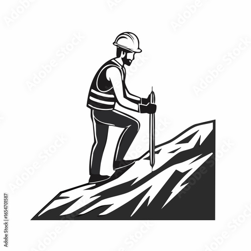 Worker Wearing Hard Hat Working on Top of a Rock Surface in Industrial Environment Vector