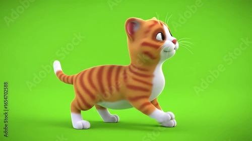 3D Cartoon Cute Cat on Green Screen