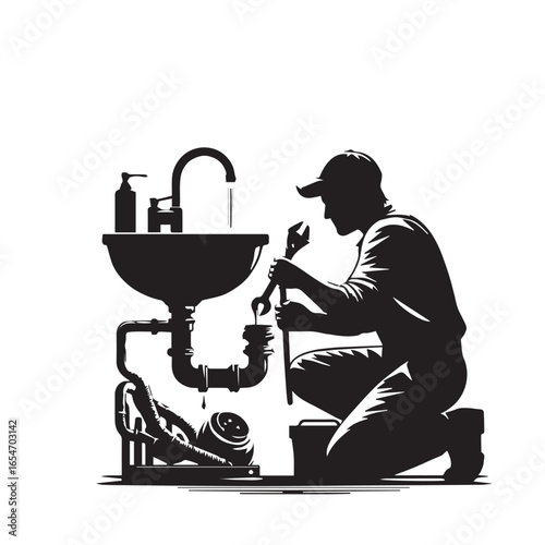 Plumber Fixing Sink Drain Silhouette – Vector Illustration

Expert Worker Repairing Bathroom Pipe – Black and White Silhouette

Plumbing Service Concept – Plumber Silhouette Vector Set