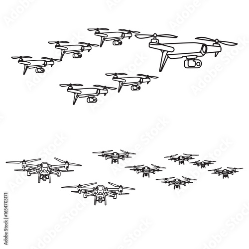 Vector illustration showing a group of drones in flight in black and white