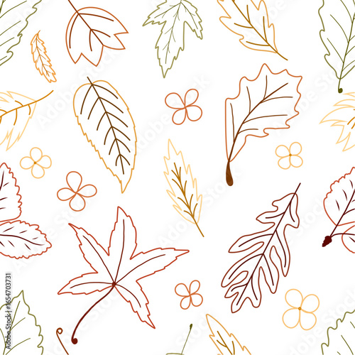 Seamless pattern of leaves in different colors outline. Vector illustration. isolated on white background.