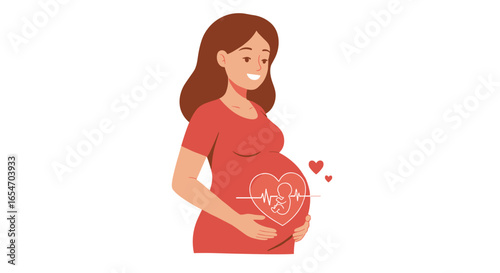 Pregnant woman with a heartbeat line showing her unborn child, perfect for maternity health promotions, prenatal care resources, and educational materials